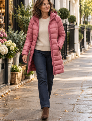 The Elara Lightweight Jacket in pink, worn on a London street