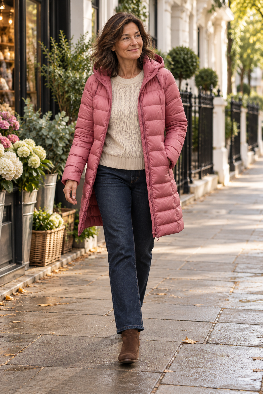 The Elara Lightweight Jacket in pink, worn on a London street