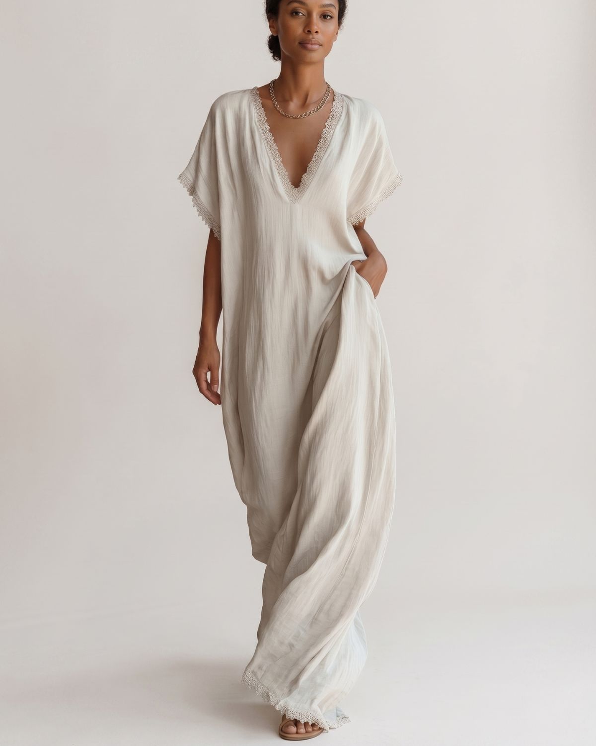 Lace-Trim Linen Cotton Maxi Dress in white