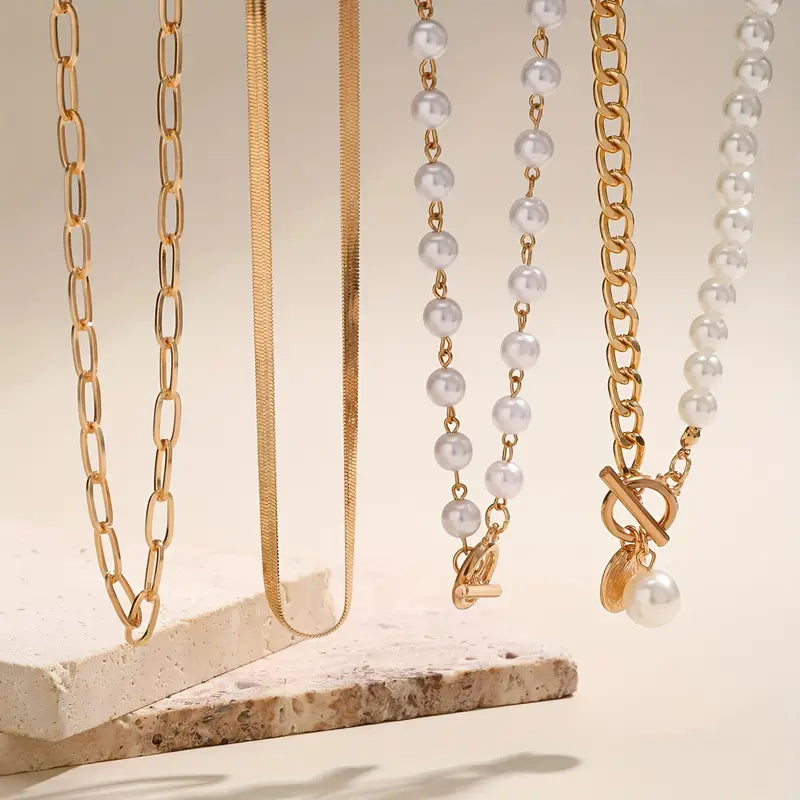 Vintage Pearl & Gold Snake Chain Necklace Set