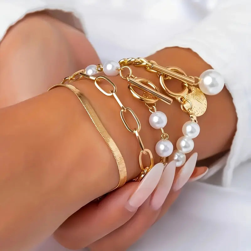 Chic Gold 4-Piece Bracelet Set - Snake, Pearls & Links