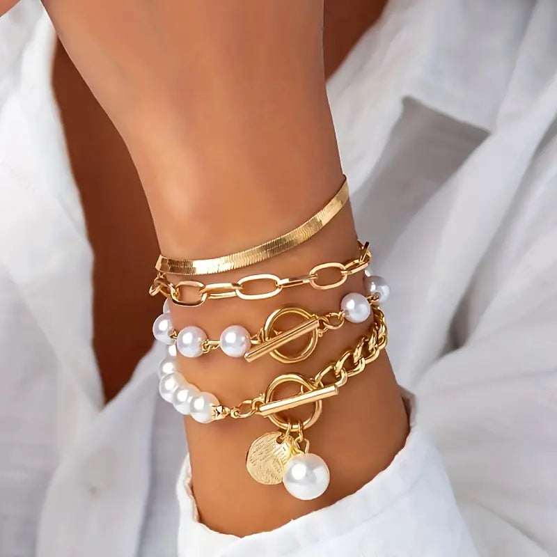 Chic Gold 4-Piece Bracelet Set - Snake, Pearls & Links