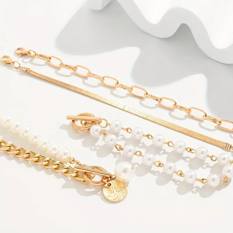 Chic Gold 4-Piece Bracelet Set - Snake, Pearls & Links