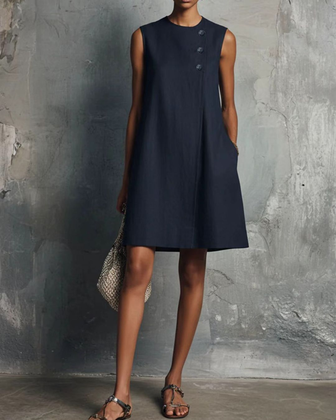 Linen Round Neck Buttons Mini Dress