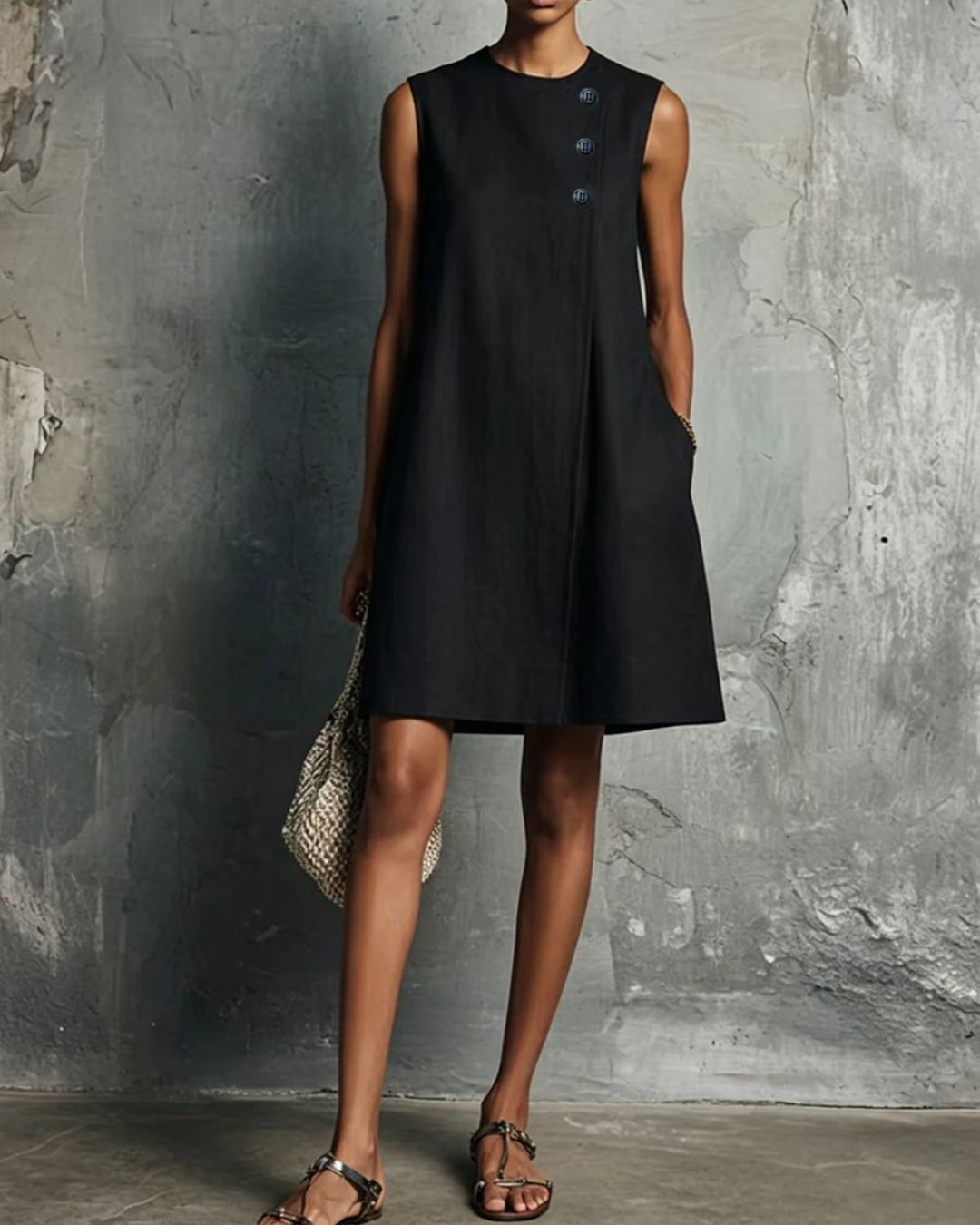 Linen Round Neck Buttons Mini Dress