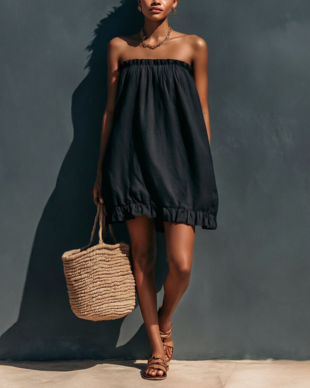 Strapless Ruched Cotton Mini Dress