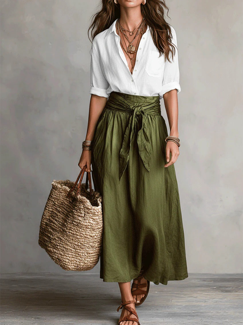Vera – Two-Piece Set: Black T-Shirt and Olive Green Midi Skirt