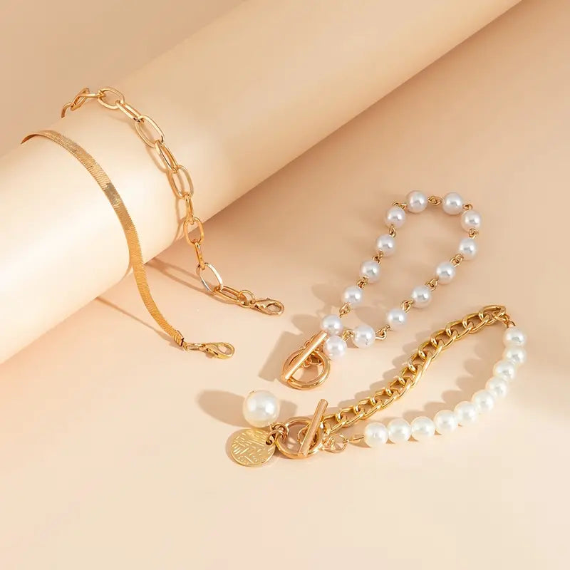 Chic Gold 4-Piece Bracelet Set - Snake, Pearls & Links