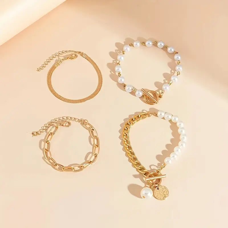 Chic Gold 4-Piece Bracelet Set - Snake, Pearls & Links