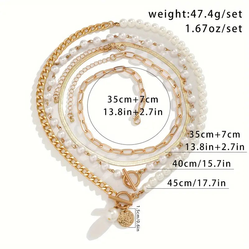 Vintage Pearl & Gold Snake Chain Necklace Set