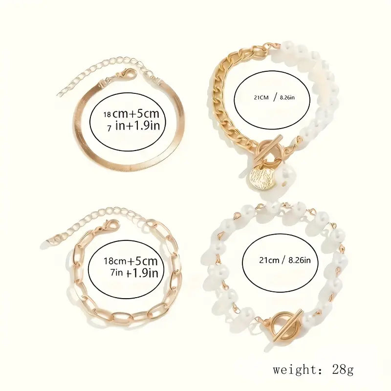 Chic Gold 4-Piece Bracelet Set - Snake, Pearls & Links