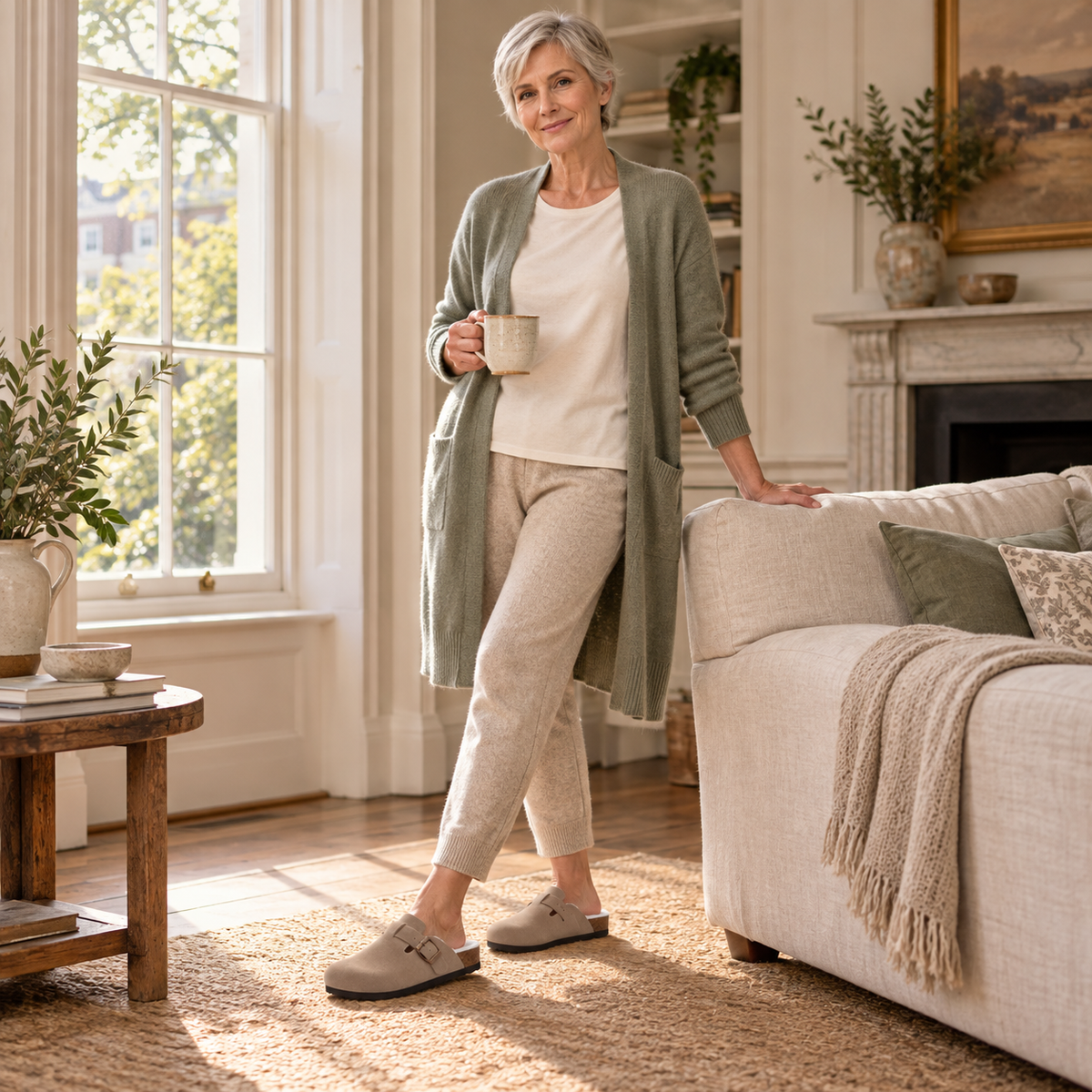 A mature woman wearing taupe clogs in a warm London home